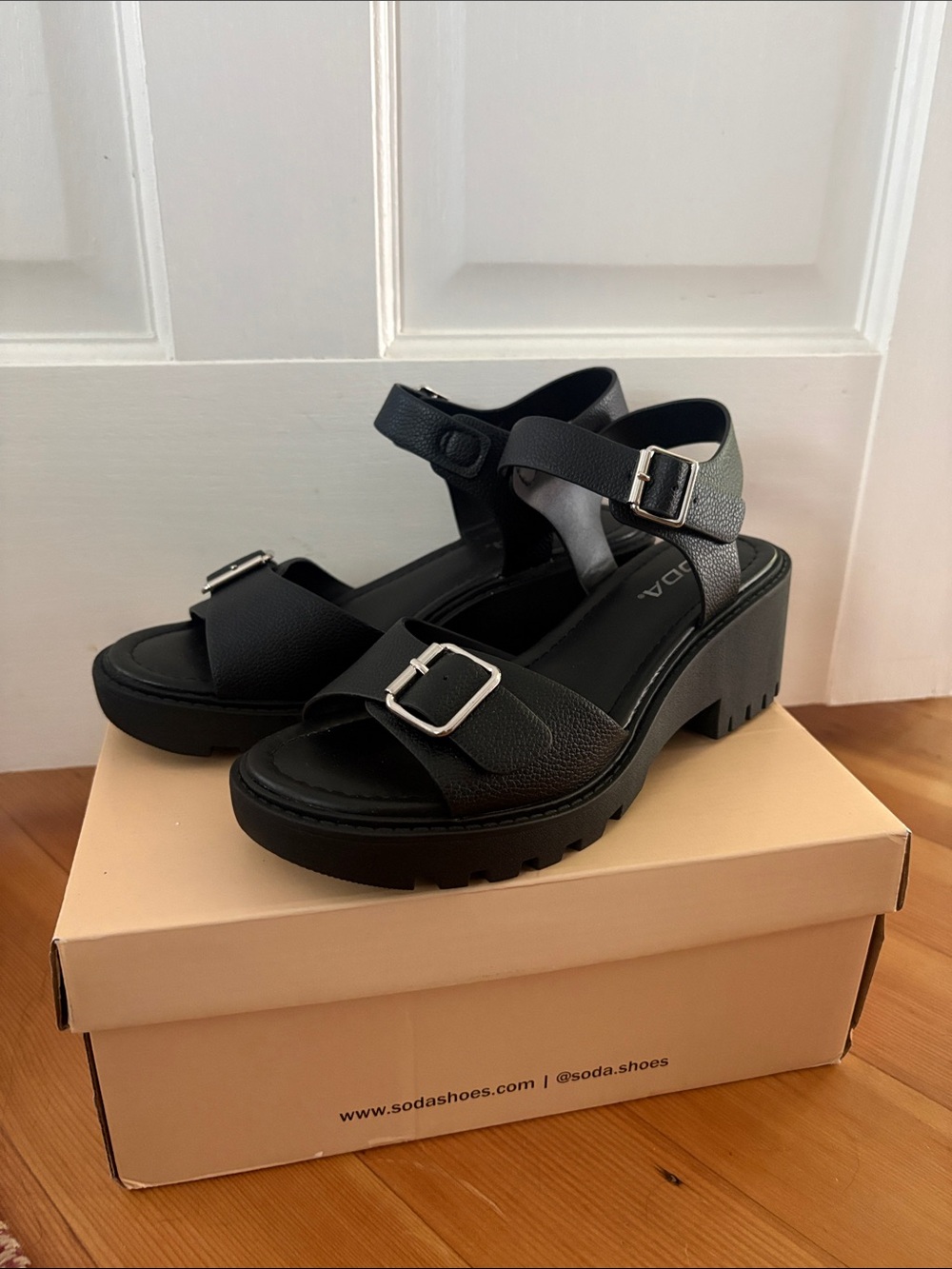 Soda Black Chunky Buckle Platform Sandals